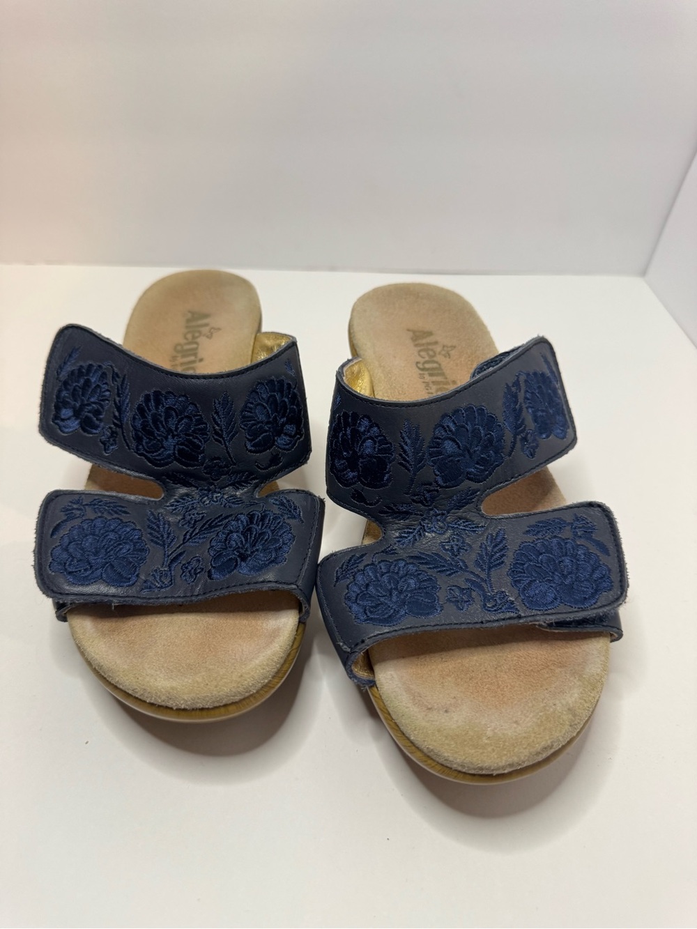 Alegria Blue Leather Floral Embroidered Wedge Sandals Women's Size EU38